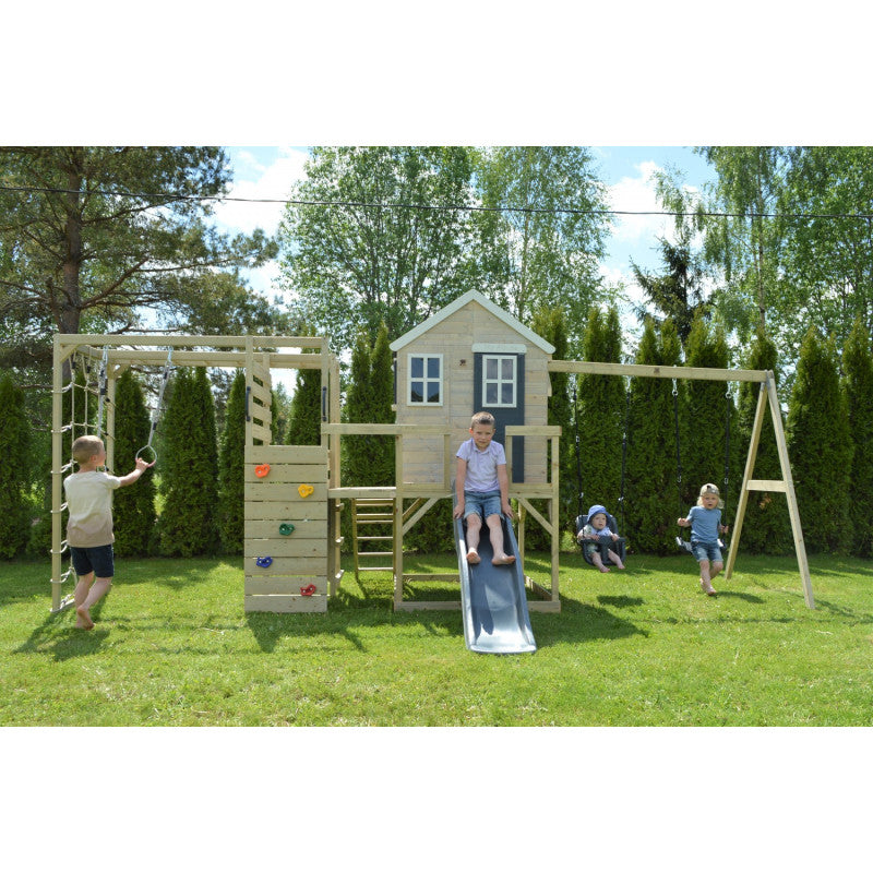 M28G_G - Casuta de gradina Grey Lodge cu tobogan, leagan dublu, modul sport (M28G_G), Wendi Toys